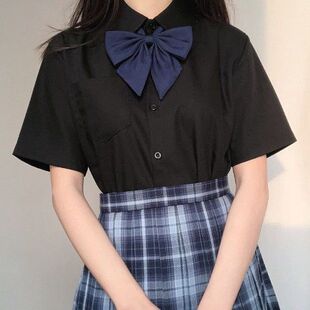 遮胖显瘦胖人穿搭黑白衬衫 夏季 衬衫 jk制服角襟短袖 胖MM200斤大码