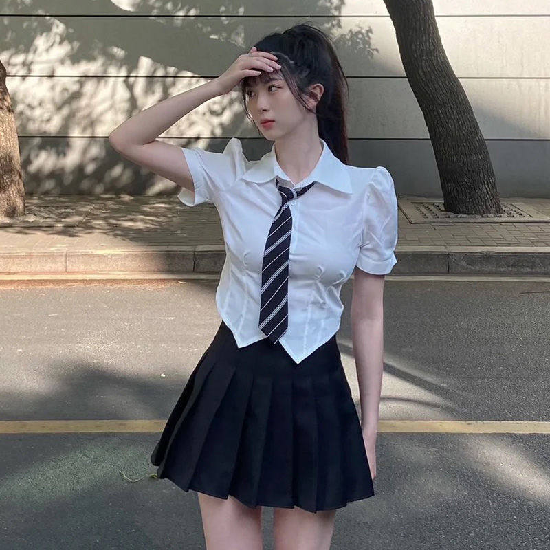 胖mm大码短袖衬衫女夏季新款微胖胖妞jk制服收腰显瘦衬衣上衣女潮