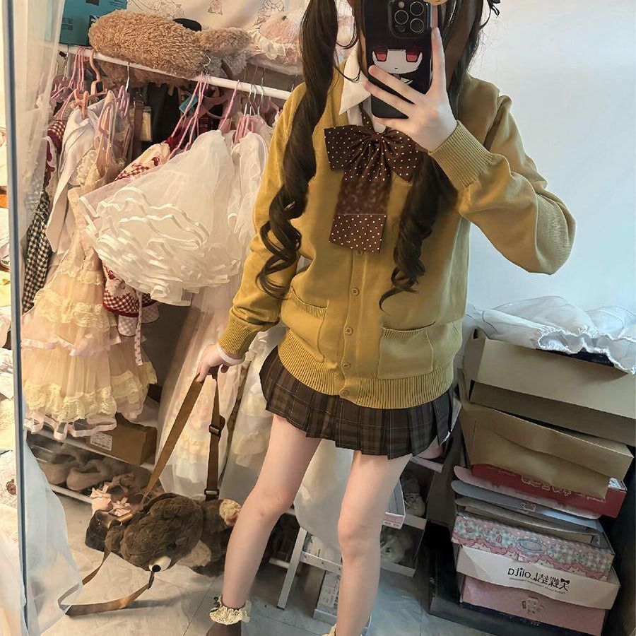 胖MM大码日系JK制服秋冬套装格裙长袖针织开衫毛衣学院风校供软妹