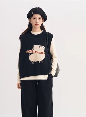 胖MM200斤特大码灰色圆领卡通针织马甲女小个子宽松叠穿毛衣背心