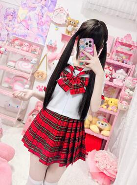 胖MM大码JK制服套装校供感短袖衬衫水手服中间服苏格兰红格短裙女