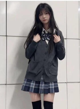 胖MM大码秋季深灰色jk制服毛衣外套针织衫长袖上衣软妹日系套装女