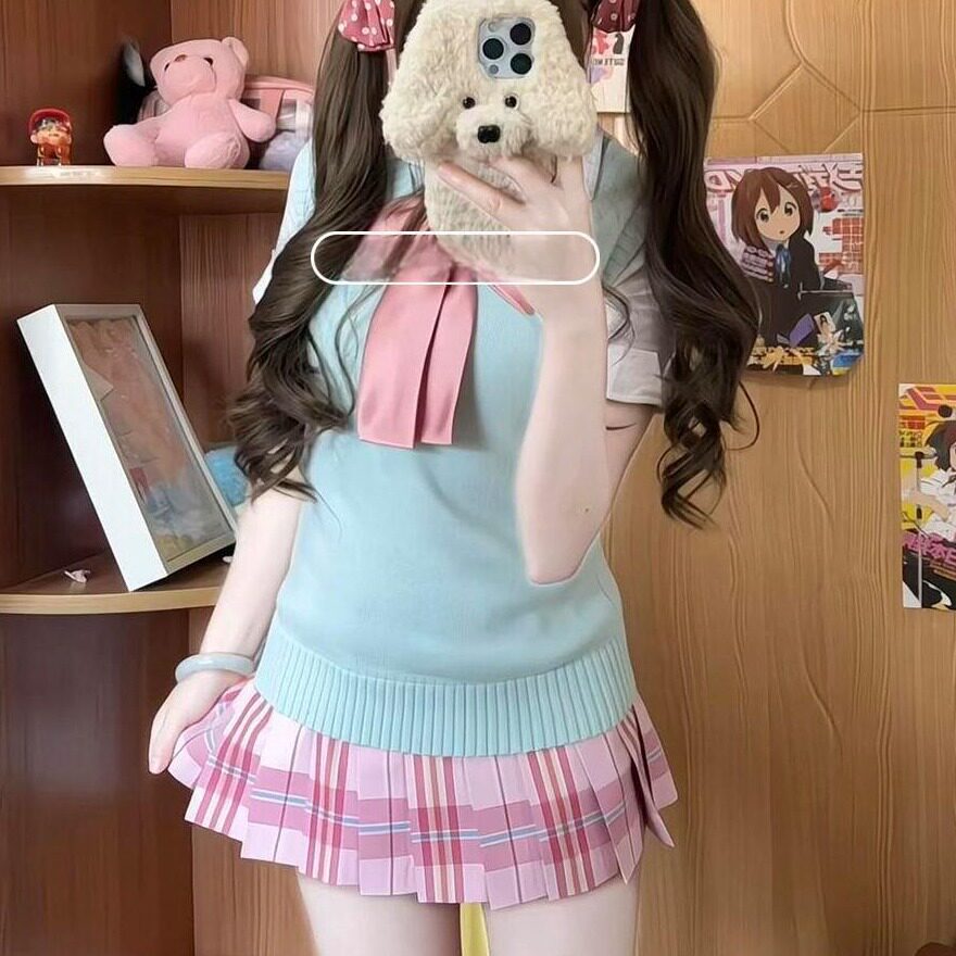 胖MM大码日系JK制服套装格裙套头背心马甲学院风校供感软妹上衣女