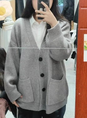 胖MM200斤特大码针织开衫外套慵懒风v领毛衣灰色高级感休闲上衣潮