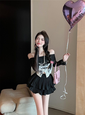 胖MM大码黑色荷叶边半身短裙女新款辣妹半裙性感a字高腰百褶裙子