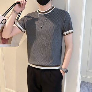 A135-9612 男士拼色春夏秋针织短袖 冰丝短袖 凉爽三色P55控79图片