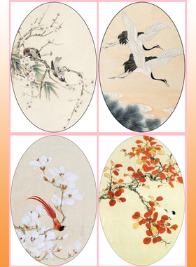 NT29花鸟椭圆形扇面熟宣纸工笔画白描底稿竹子仙鹤玉兰红叶梅
