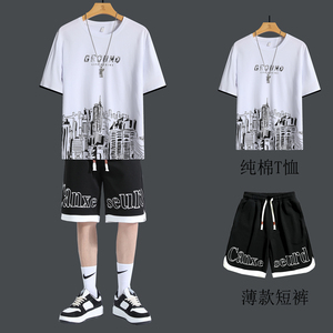 夏季纯棉短袖短裤两件套运动服青少年学生潮牌一套搭配短袖短裤男
