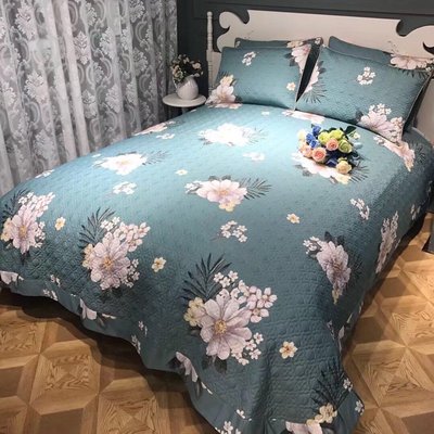 韩式加大60支纯棉植物花卉绗缝多用被床盖 床单床垫三件套
