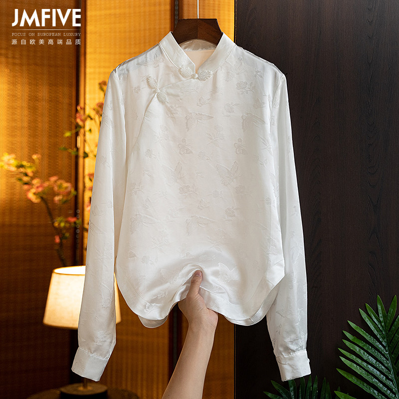 中国风盘扣真丝衬衫女2022春装新款中式改良复古提花桑蚕丝小衫女