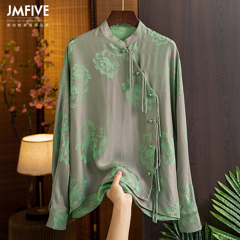 中国风重磅桑蚕丝衬衫女2022春季新款长袖复古盘扣真丝印花衬衫女