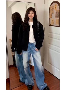 美式复古浅蓝色阔腿牛仔裤女秋季新款做旧高个子加长窄版拖地裤子