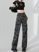 高腰显瘦多口袋高个子辣妹阔腿裤 美式 女2024新款 裤 潮 灰色迷彩工装