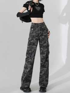 高腰显瘦多口袋高个子辣妹阔腿裤 美式 女2024新款 裤 潮 灰色迷彩工装