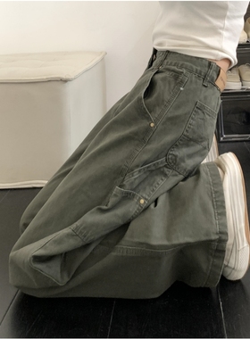 军绿色宽松阔腿牛仔裤女早秋新款美式复古高腰显瘦垂感百搭工装裤