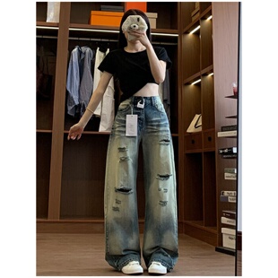 高腰宽松显瘦乞丐裤 女春夏新款 子 复古水洗做旧破洞阔腿牛仔裤 美式