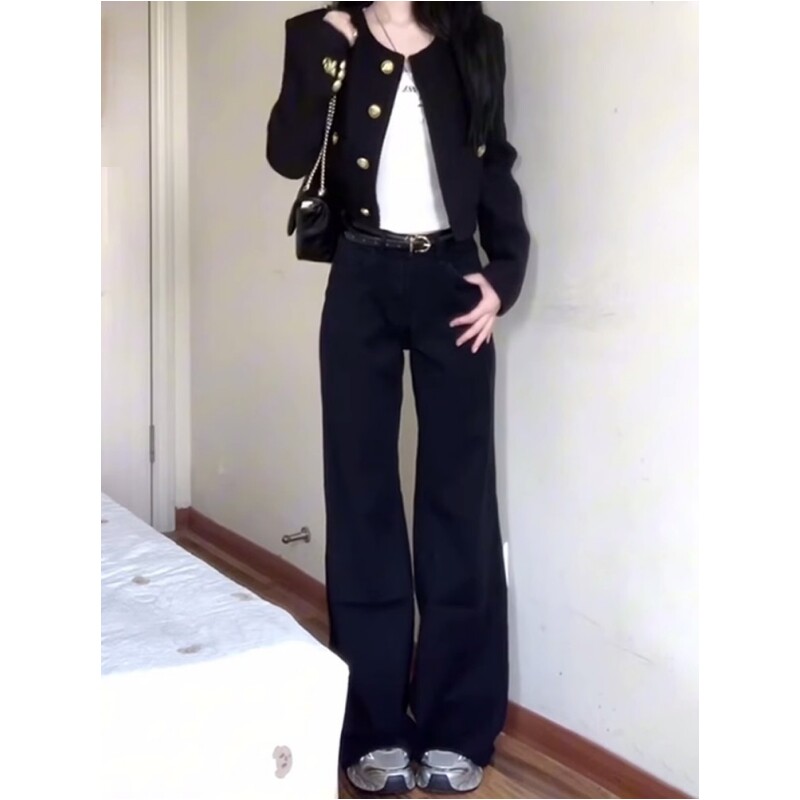 黑色不贴腿微喇叭牛仔裤女秋季新款辣妹低腰修身显瘦加长阔腿裤子