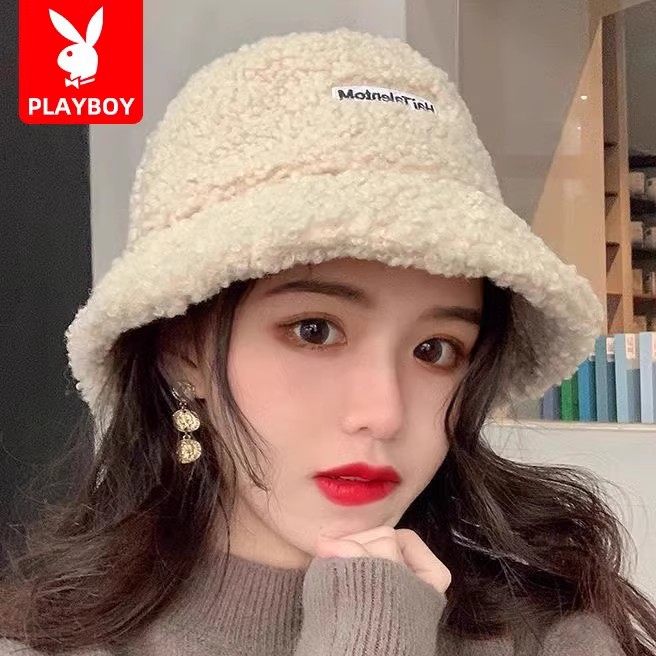 帽子女秋冬日系羊羔毛刺绣字母保暖百搭渔夫帽韩版时尚毛绒盆帽子