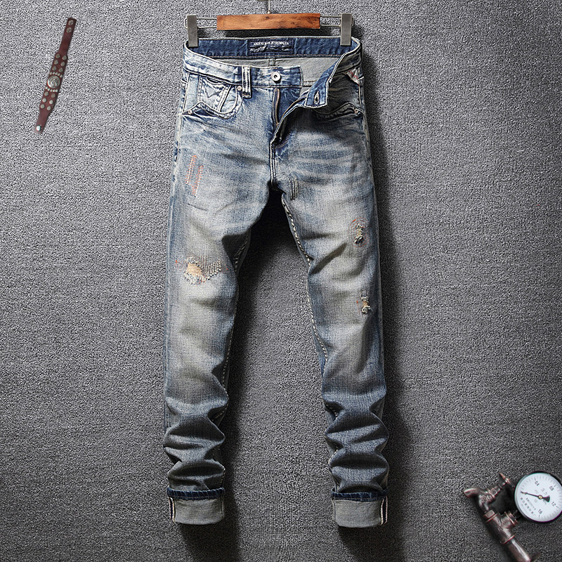 欧美高街做旧补丁破洞复古牛仔裤男潮牌修身小直筒乞丐裤小脚裤子在类目 男装, 牛仔裤中 - 来自Buy2taobao.com提供专业的淘宝代购服务