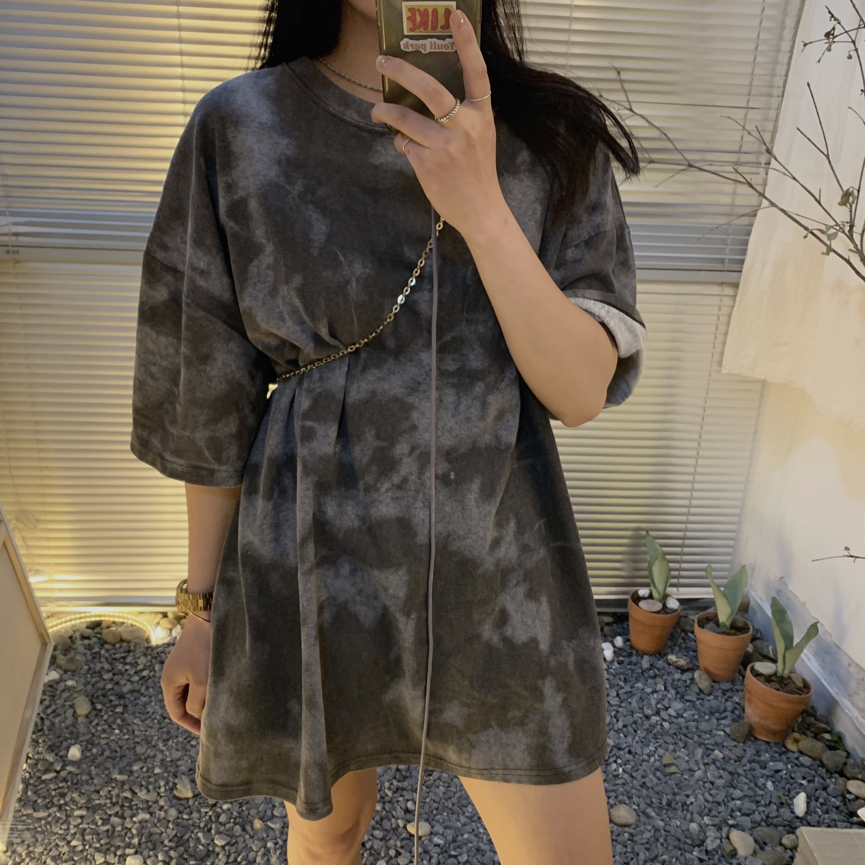 CHENDAU 显瘦男友风中长通勤宽松 洗黑色扎染短袖绿t恤女圆领上衣