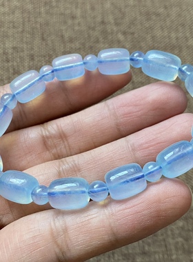 新货天然海蓝宝路路通手链蓝色冰种桶珠男女水晶手串单圈保真天然