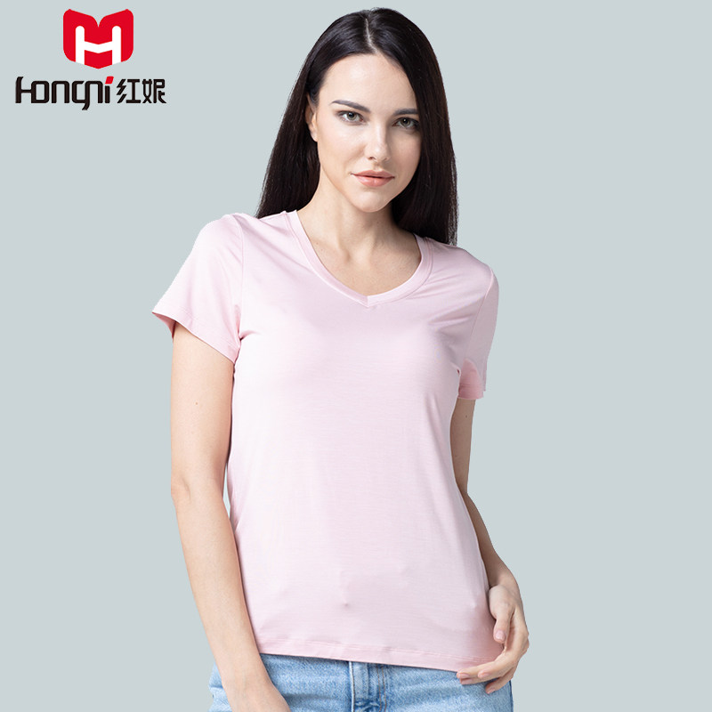 红妮内衣夏季新款女士圆v领薄透气纯色宽松打底衫休闲上衣短袖t恤