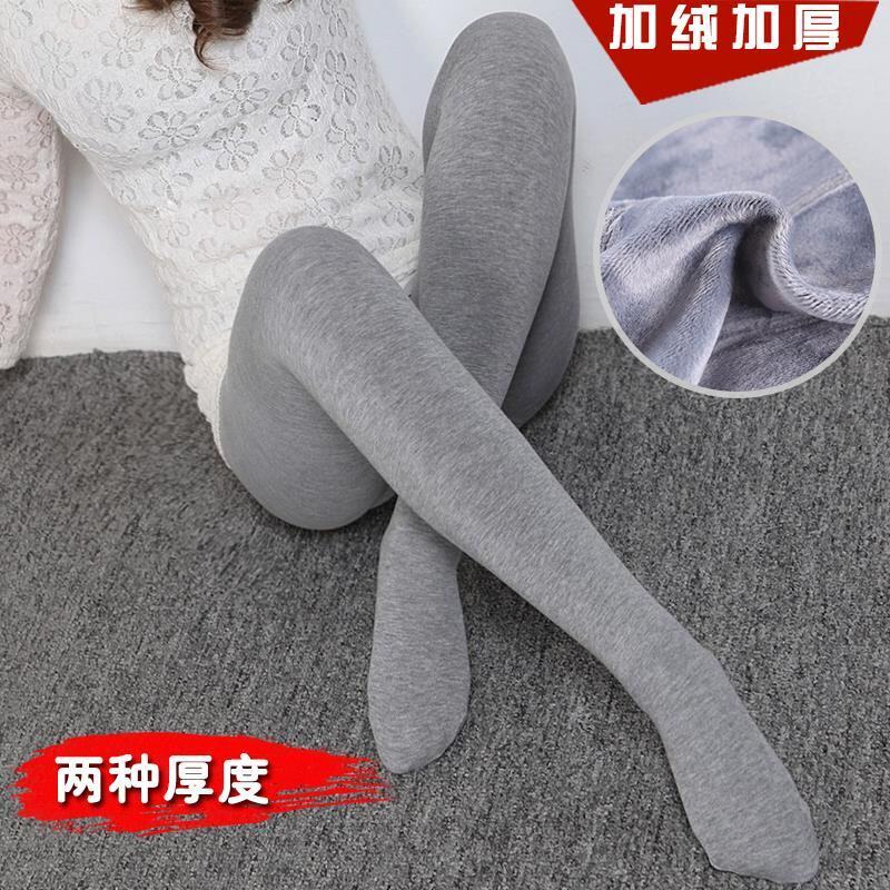 秋冬日系精梳棉打底裤女厚绒外穿纯棉加厚保暖连裤袜显瘦灰色竖条