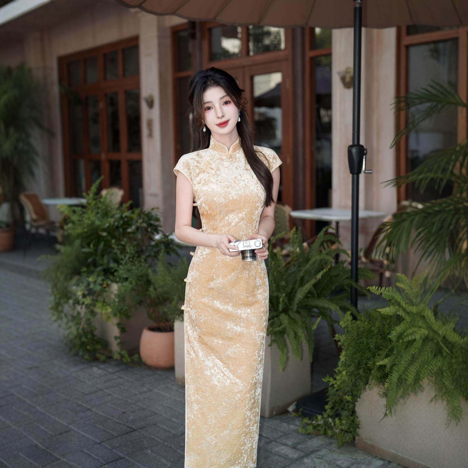 金丝绒无袖旗袍2025年春夏女旗袍