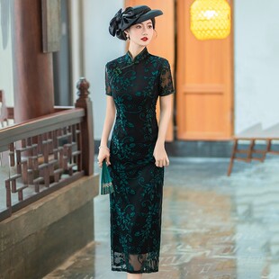 老上海丝绒提花长款旗袍女夏2026年新款短袖年轻款复古修身连衣裙
