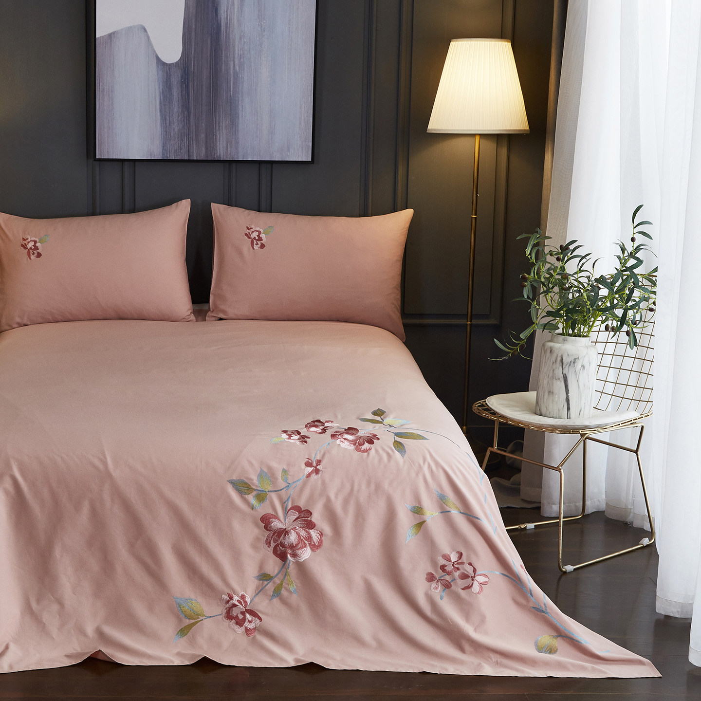外贸出口 简约刺绣花朵床单全棉1.5米床粉色宿舍被单枕套断码处理,床上用品,床单,淘宝优惠券,粉丝福利购,淘宝优惠卷