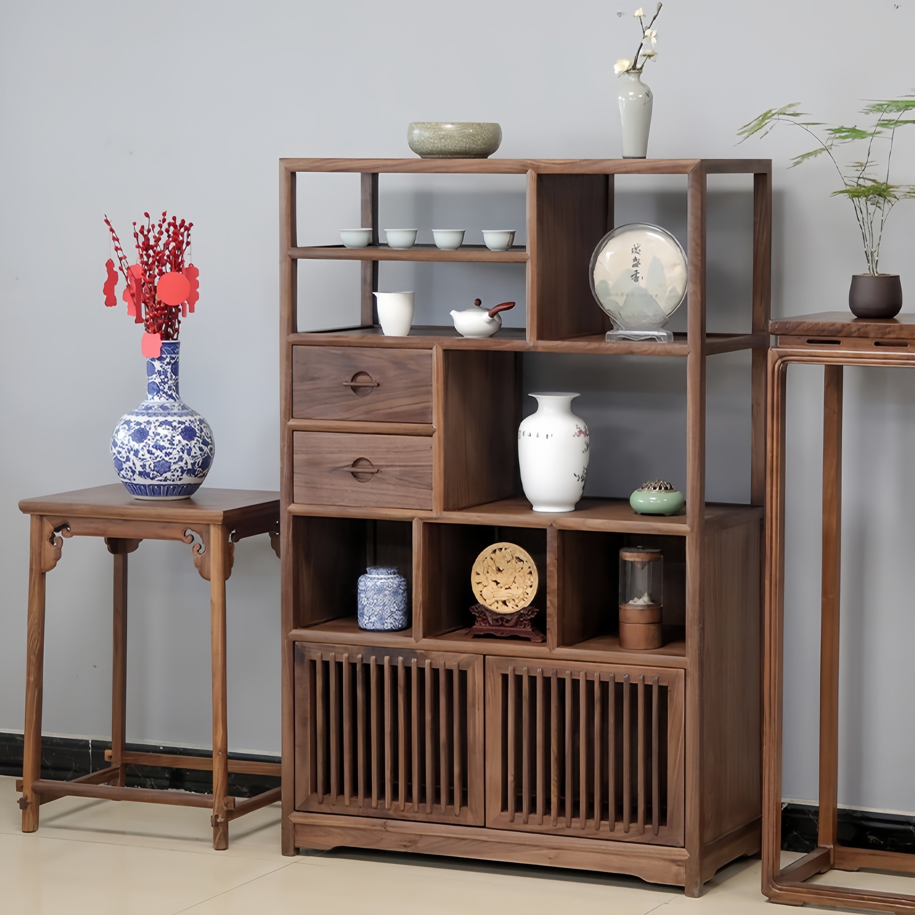新中式博古架书柜茶室茶柜实木书架老榆木餐边柜客厅矮款柜子,住宅家具,多宝格/博古架,淘宝优惠券,粉丝福利购,淘宝优惠卷