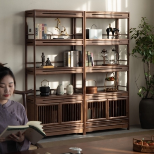 宋式美学实木书架老榆木茶具展示柜摆件置物架博古架禅意古董柜子
