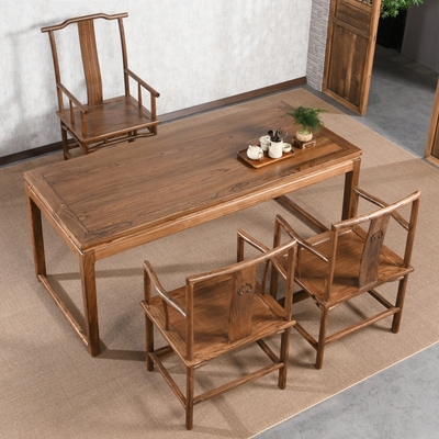 新中式茶桌椅组合老榆木喝茶桌实木泡茶台禅意国学书法桌家用书桌