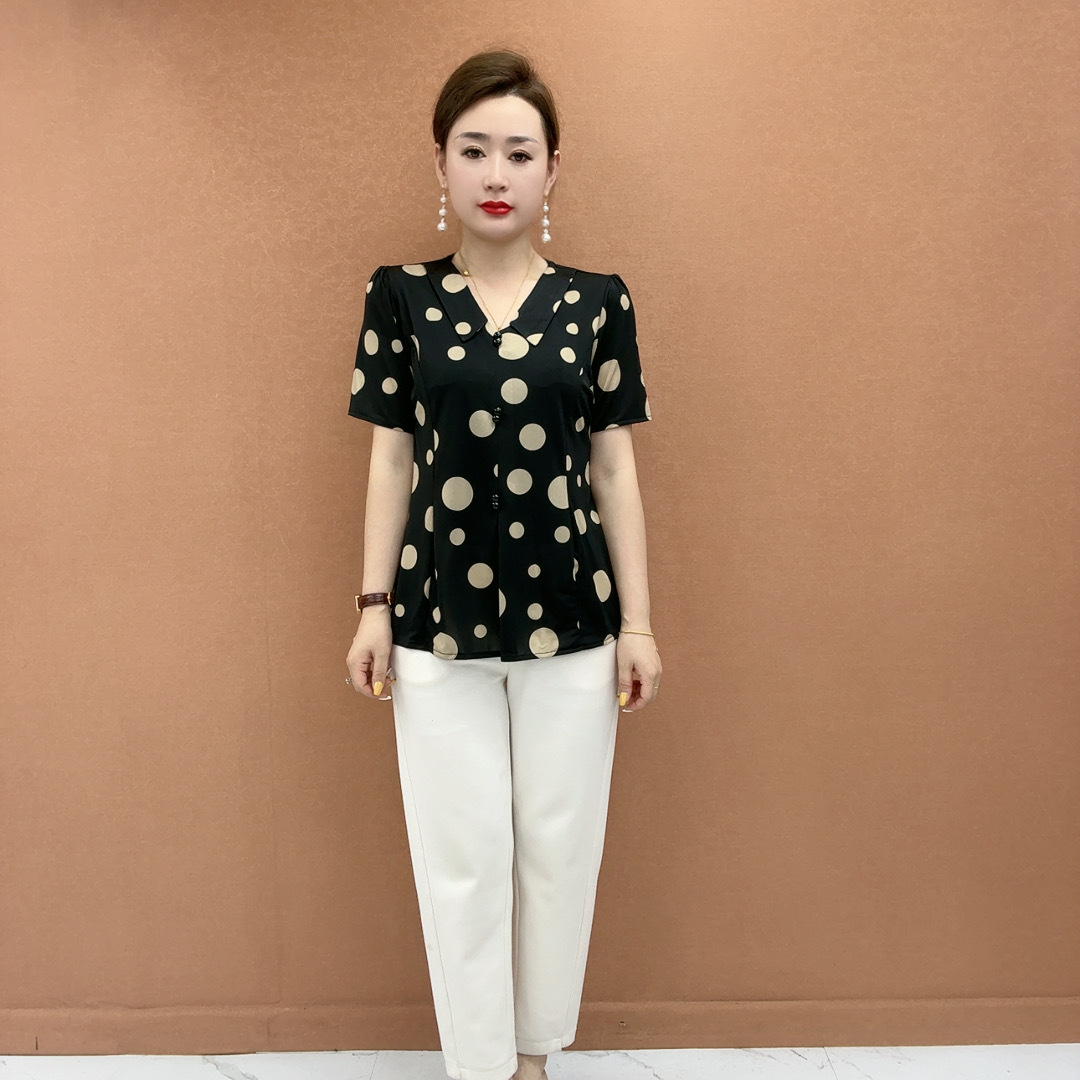 610精品女装原版正品夏新款短袖T恤女碎花圆点上衣娃娃领宽松显瘦