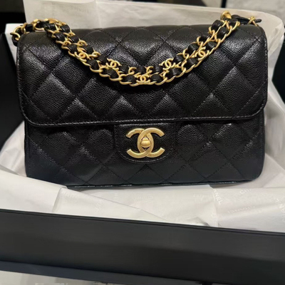 香奈儿chanel 25p黑金荔枝皮双链条口盖包单肩斜挎包女包