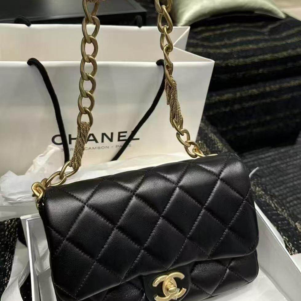 CHANEL 香奈儿23a黑色金链麦穗链条流苏方胖子单肩手提女包