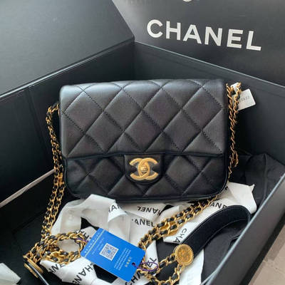 香奈儿chanel 22a金币黑金荔枝皮方胖子芯片款单肩斜挎包女包