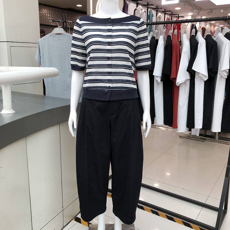 格林86078 时尚条纹中袖宽腿套裤女2026夏季新款韩版休闲两件套装