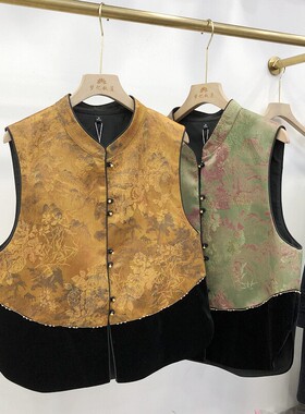 芳华26A012  国风拼接新中式盘扣马甲女春新款洋气马夹金丝绒背心