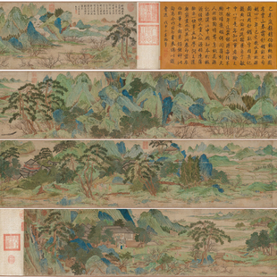 仇英桃花源图青绿山水画人物书画卧室字画挂画装饰画客厅横版卷轴