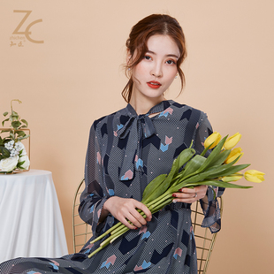 知臣尾数福利春季新品 收腰显瘦几何图案连衣裙优雅女 22191013