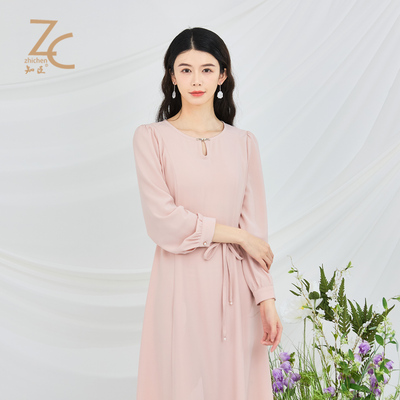 优雅气质淑女中长款长袖连衣裙女