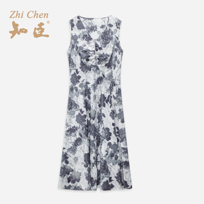 水墨感灰花无袖中长款连衣裙女