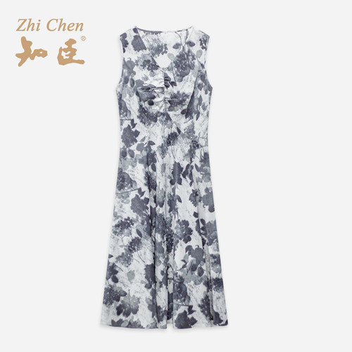水墨感灰花无袖中长款连衣裙女