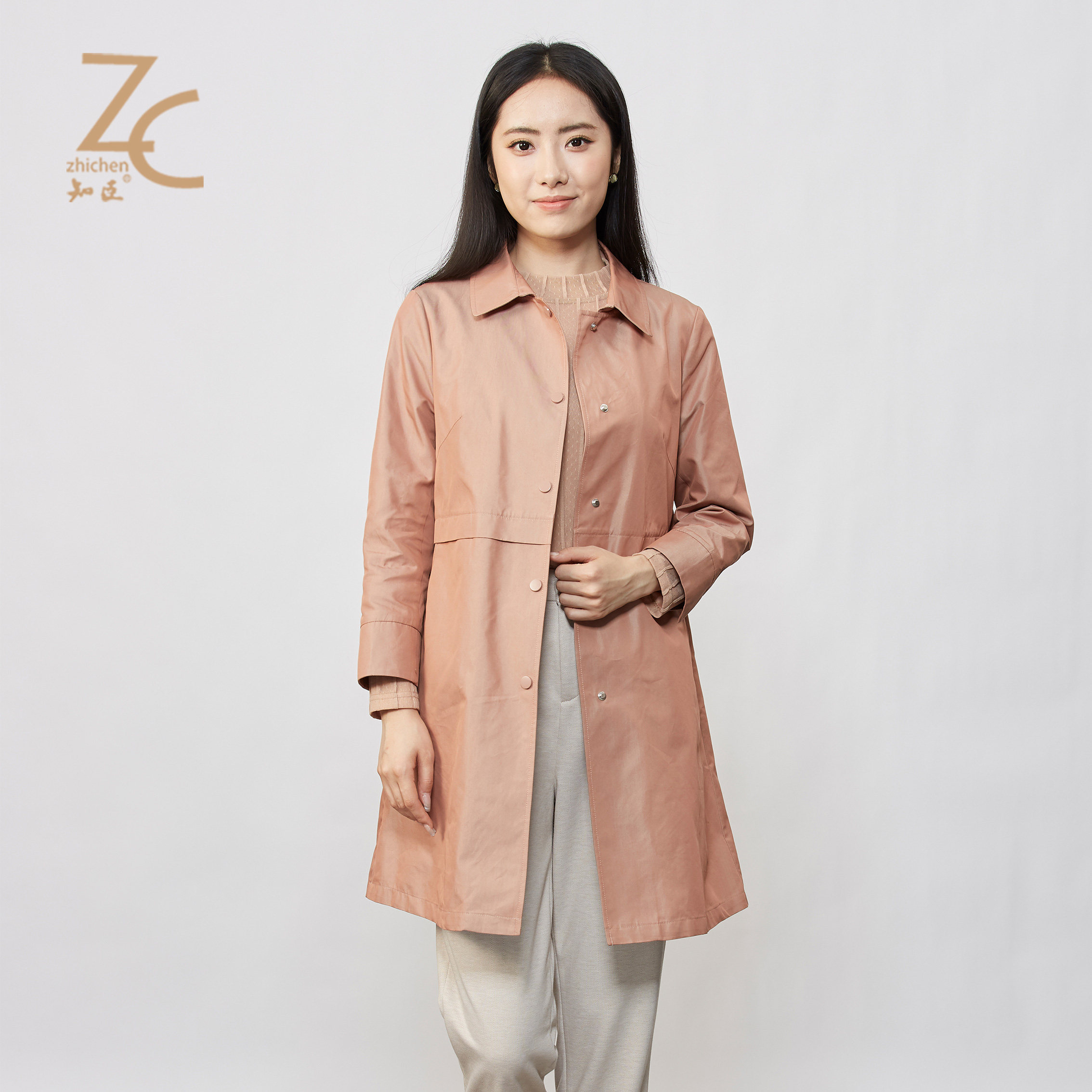 知臣春季新品 设计感时髦腰部分割长风衣女 18241051