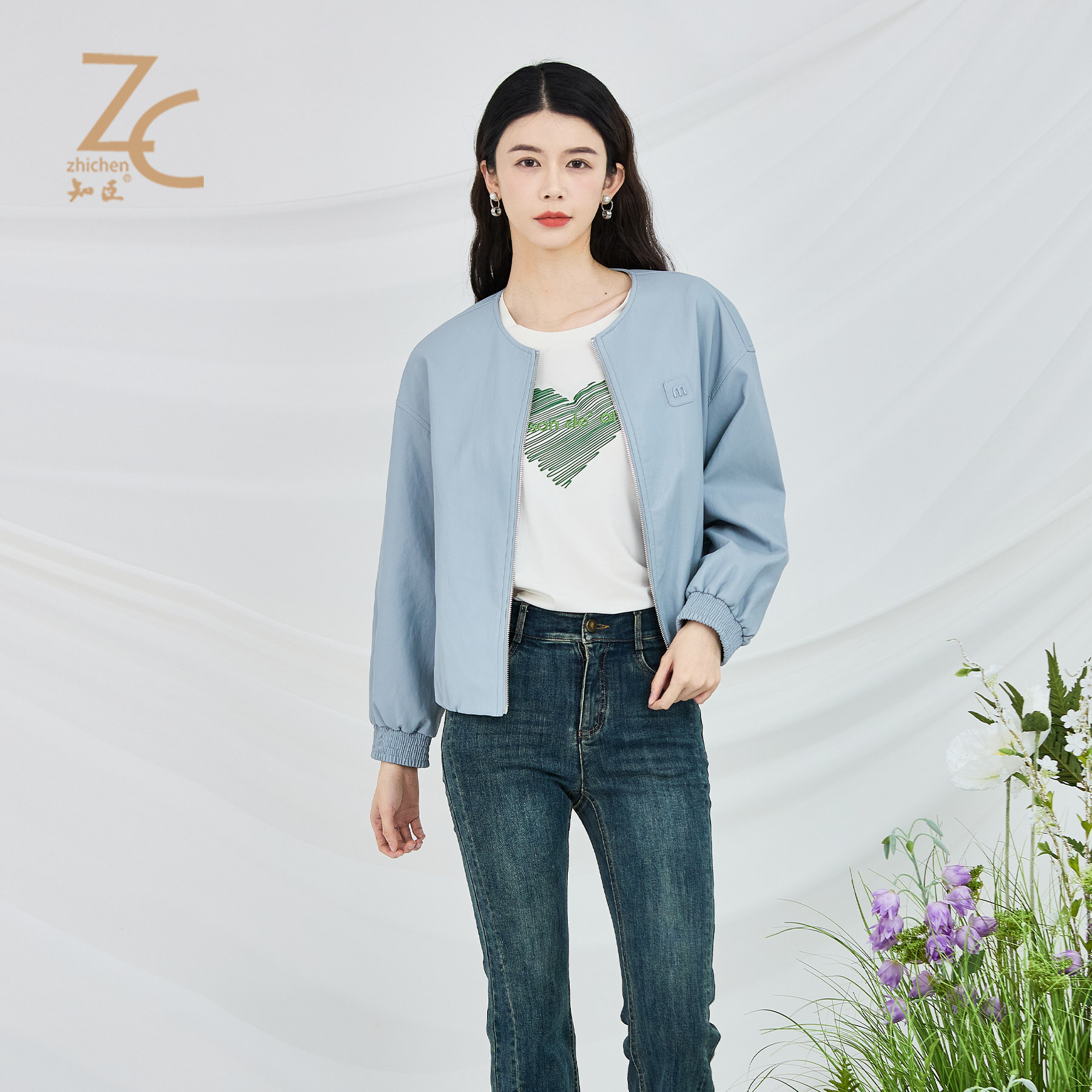 知臣春季新品 多色休闲百搭时尚圆领夹克外套女 81251063