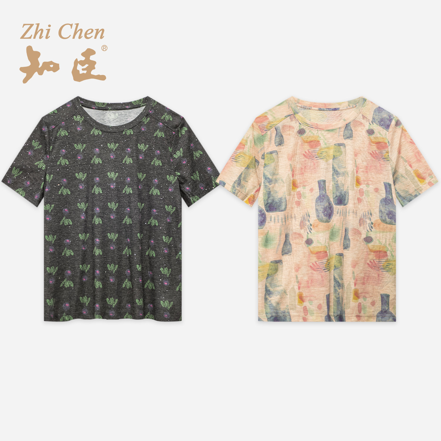 知臣夏季新品 多色印花设计感短袖T恤女 T26812052