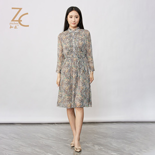 知臣春季新品 花边圆领腰果花长袖雪纺连衣裙女 22241002