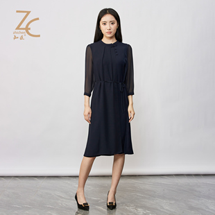 知臣春季新品 圆领改良版新中式长袖垂感连衣裙女 22241059