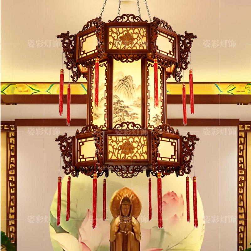 高档中式古典宫灯实木浮雕八边形吊灯别墅寺庙酒店祠堂中国风灯饰